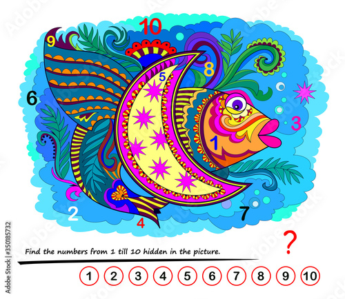 Logic puzzle game. Math education for young children. Find the numbers from 1 till 10 hidden in the picture. Developing counting skills. IQ test. Printable worksheet for kids book. Back to school.