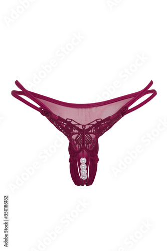 фотографія Detailed shot of a burgundy lace G-string with a cutout in the intimate area and decorated with a thin mesh insert and a pearl string