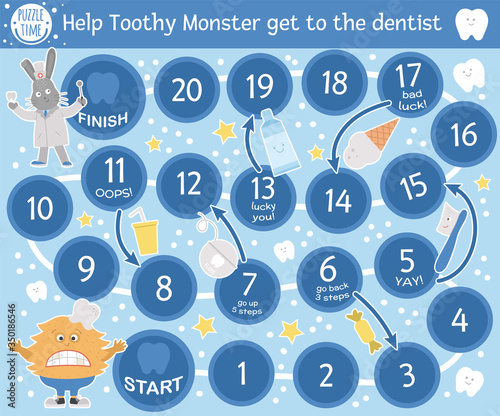 Dental adventure board game for children with cute characters. Educational tooth medicine boardgame. Teeth care activity. Mouth hygiene learning worksheet. Help toothy monster get to the dentist..