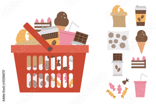 Vector red shopping basket with products icon isolated on white background. Plastic shop cart with sweets and pastry. Unhealthy food illustration.