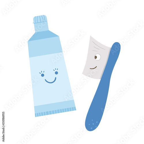 Kawaii toothbrush and toothpaste icon isolated on white background. Funny vector tooth care tool. Cute element for cleaning teeth. Dentistry equipment illustration. Blue tooth brush with toothpaste.
