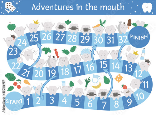 Dental adventure board game for children with cute characters. Educational tooth medicine boardgame. Teeth care activity. Mouth hygiene learning worksheet. .