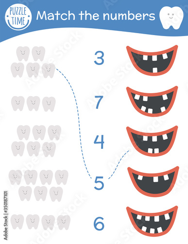 Matching game with teeth and mouth. Dental care math activity for preschool children. Dentist clinic counting worksheet. Educational riddle with cute funny elements for kids..