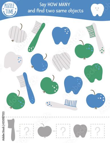 Counting game with dental care symbols. Mouth hygiene math activity for preschool children. How many objects worksheet. Educational riddle with cute funny teeth, apple, toothbrush..