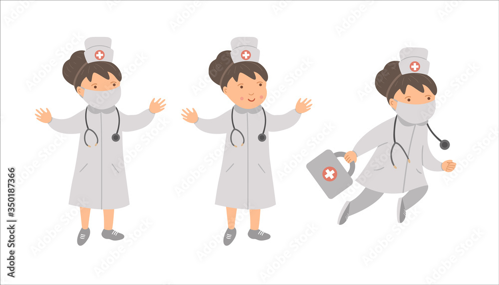 Vector woman doctors in medical hat and mask with stethoscope. Cute funny hospital, clinic or emergency service character. Medicine picture for children. Healthcare icons set .