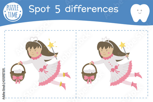 Dental care find differences game for children. Mouth hygiene preschool activity with cute Tooth Fairy Milk tooth loss puzzle with cute funny smiling characters for kids..