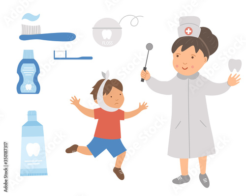 Dentist and ill kid patient vector illustration. Cute teeth doctor and dental care tools for kids. Mouth hygiene picture for children. Tooth treatment concept.