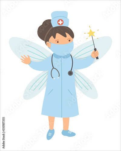 Vector woman medic in medical hat and mask with stethoscope, wings and magic wand. Cute funny hospital or clinic character. Doctor fairy concept. Coronavirus fight illustration .