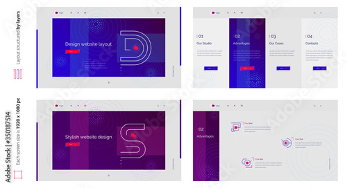 Digital abstract creative blue web design four screen template. Stylish custom and individual set of four website screens. Creative geometric design