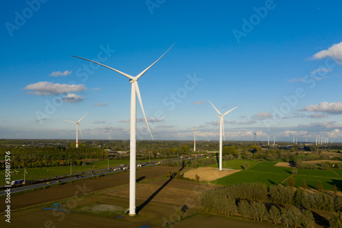 Wind turbine farm in Laarne, East Flanders, Belgium - aerial view