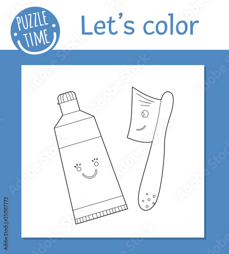 Vector coloring page with cute kawaii toothbrush and toothpaste. Funny teeth care characters. Dental themed outline clipart for children. Mouth hygiene illustration isolated on white background. .