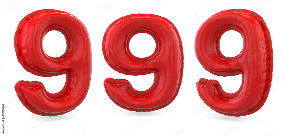 Number 9. Digital sign. Inflatable red balloon on background. 3D Number 9. Digital sign. Inflatable red balloon on background. 3D