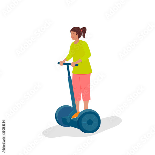 Girl is riding a hoverboard. Flat cartoon vector isolated illustration. photo