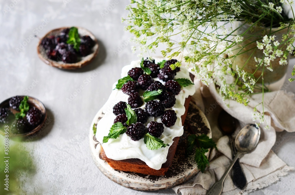 Cake with cream and blackberries on the plate on a gray background, still life Cake with cream and blackberries on the plate on a gray background, still life