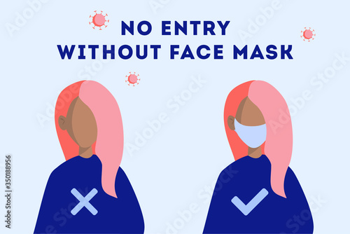 No Entry Without Face Mask or Wear a Mask Icon. vector flat illustration.  concept. woman