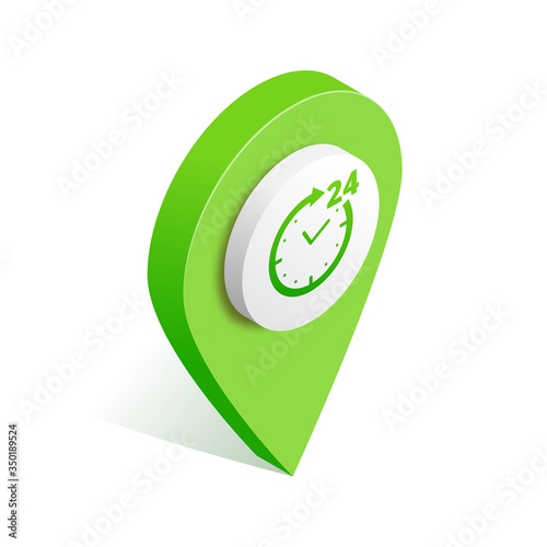 24h working time map pointer isometric icon. 3d pin with clock, circle arrow isolated on white. Round-the-clock delivery, customer service vector illustration for web, app, infographic, social media