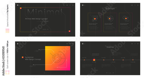 Digital minimal black design four screen template. Stylish custom and individual set of four website screens. Creative geometric linear design