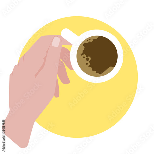 Hand holds a cup of aromatic coffee. The concept of rest. Relaxation, emotional balance and calm.For advertising,posters,banners,website.Stock vector cartoon illustration isolated on white background