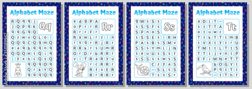Alphabet Maze Set. Letters Q, R, S, T. Educational Puzzle Worksheet.  Vector illustration.