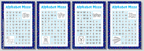 Alphabet Maze Set. Letters U, V, W, X. Educational Puzzle Worksheet.  Vector illustration. photo