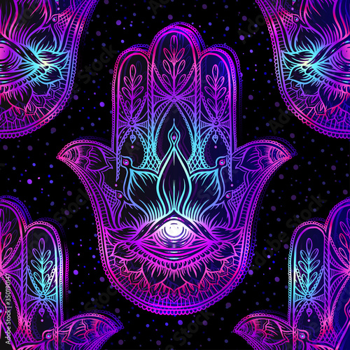 Seamless pattern with ornate hand drawn hamsa. Popular Arabic and Jewish amulet. Vector illustration. Vector illustration in neon, fluorescent colors.