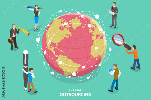 Isometric Flat Vector Concept of Global Outsourcing, Company Remote Management, Distributed Team, Freelance Project, Distant Job.