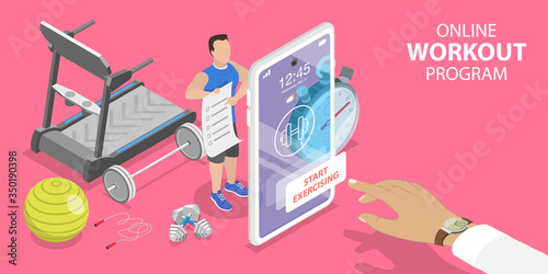 3D Isometric Flat Vector Concept of Online Workout Program, Personal Fitness Coach, Training with Virtual Instructor, Mobile App for Exercising at Home During Quarantine.