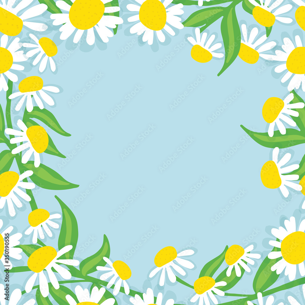 Hand drawn Chamomile flowers wreath. Spring summer decor frame. Vector illustration. Design element for invitations, greeting cards, cosmetic and other.