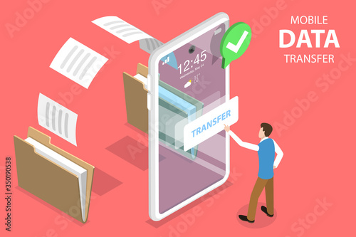 3D Isometric Flat Vector Concept of Document Transfering Service, Phone Data Exchange, Online Synchronization App.