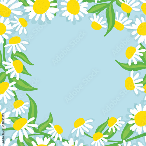 Hand drawn Chamomile flowers wreath. Spring summer decor frame. Vector illustration. Design element for invitations, greeting cards, cosmetic and other.