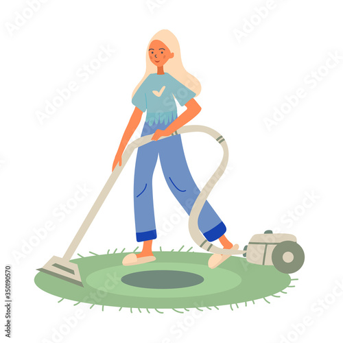 Young little blonde girl wants to help her mother in housekeeping, so she decided to clean the living room with vacuum cleaner. White background. Vector cartoon colored flat illustration