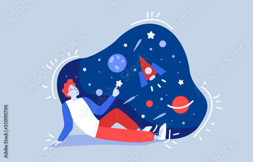 Ginger male teenager sits on the ground and looks at the stars, full Moon, Jupiter and nights sky with the rocket. Astronomy and science theme. Vector cartoon colored flat illustration