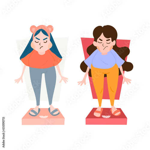 Two cute and small cartoon female teenagers standing on the scale and looks not so happy about their overweight. Losing weight theme. Diet. Vector cartoon colored flat illustration
