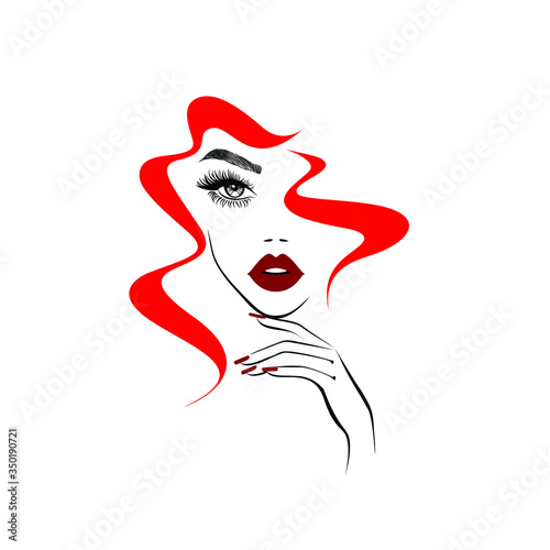 Beautiful sexy face, red lips, hand with red manicure nails, fashion woman, element design, nails studio, hot red curly hairstyle, hair salon sign, icon. Beauty Logo. Vector illustration.