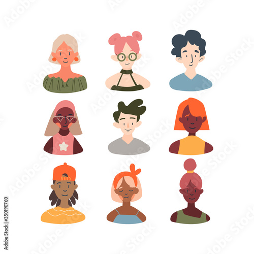 Children of different races profile avatars collection. Icons of girl’s and boy’s faces icon vector illustration set. Modern cartoon flat design. Online communication, Social networks concept