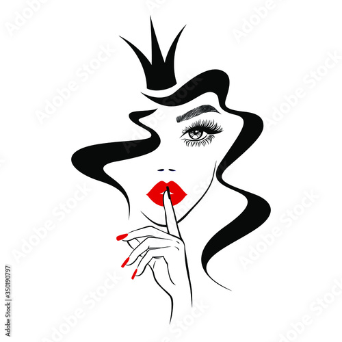 Beautiful woman face, red lips, black curly hair, black crown, hand with red manicure nails, hair salon sign, icon. Beauty Logo. Vector illustration