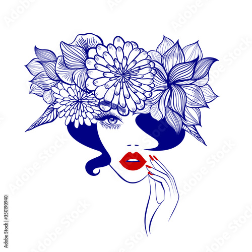 Beautiful woman face red lips, hand with red manicure nails. Beauty Logo. Vector illustration, diadem flowers, floral motive, abstract flowers, spa salon, sign, symbol, nails studio.