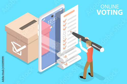 3D Isometric Flat Vector Concept of Online Voting Mobile App, E-voting, Internet Election System.
