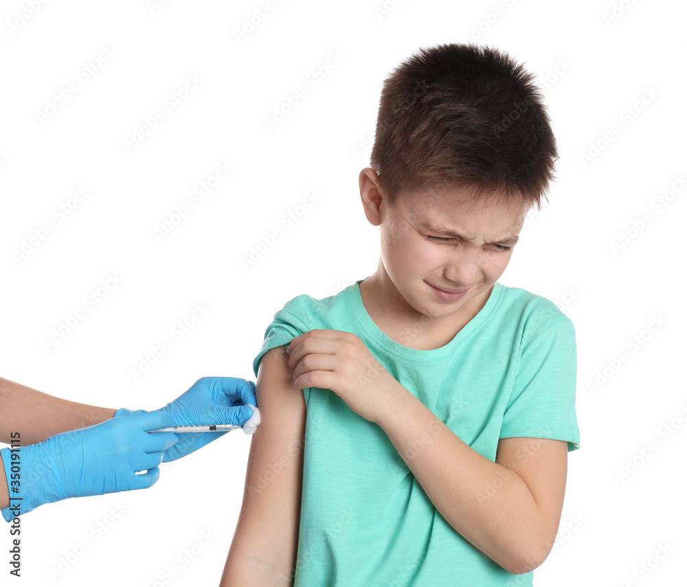 Doctor vaccinating little child on white background Doctor vaccinating little child on white background