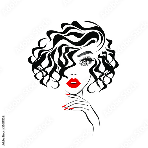 Beautiful sexy face, red lips, hand with red manicure nails, fashion woman, element design, nails studio, black short curly hairstyle, hair salon sign, icon. Beauty Logo. Vector illustration.