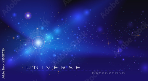 Vector abstract of cosmos. Illustration night sky, Cosmic Galaxy background with nebula, stardust and bright, light shining stars. Dark blue color of universe background for your design.