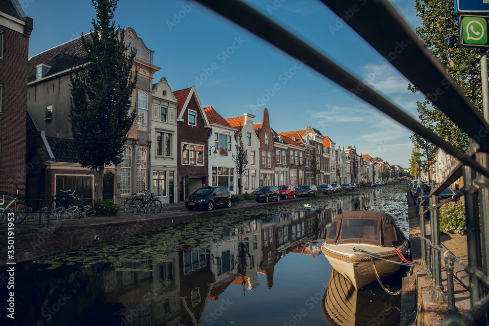 Gouda, Netherlands - June 29, 2019: Photo report of the Streets of the city of Gouda in Netherlands in Summer. Sunny day. City famous for its gouda cheese.