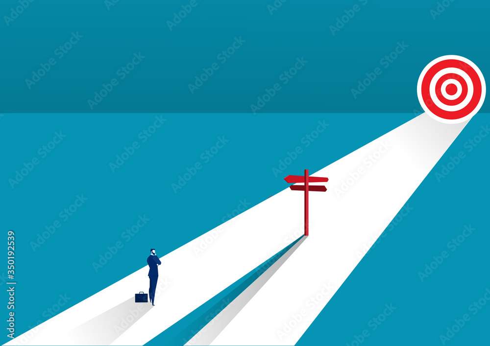 Fototapeta premium Businessman standing on middle way and choosing direction. Business concept. Modern vector illustration. Direction