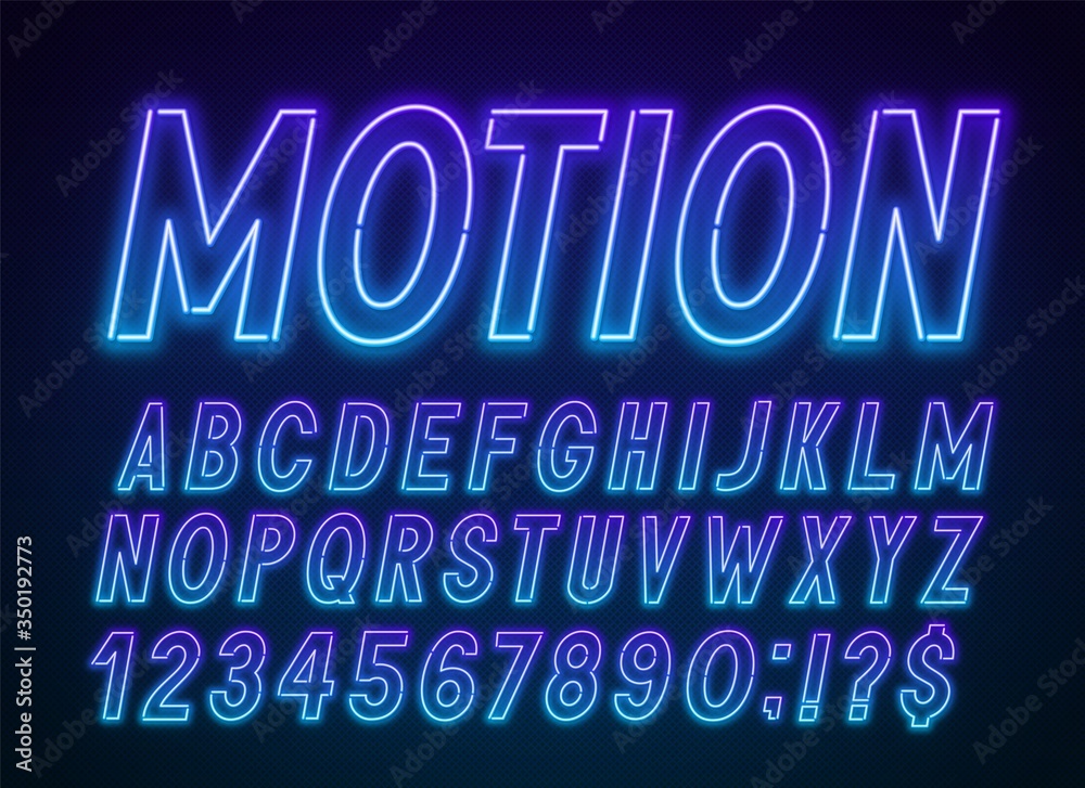 Neon blue purple font, light alphabet with numbers on a dark background. Neon blue purple font, light alphabet with numbers on a dark background.