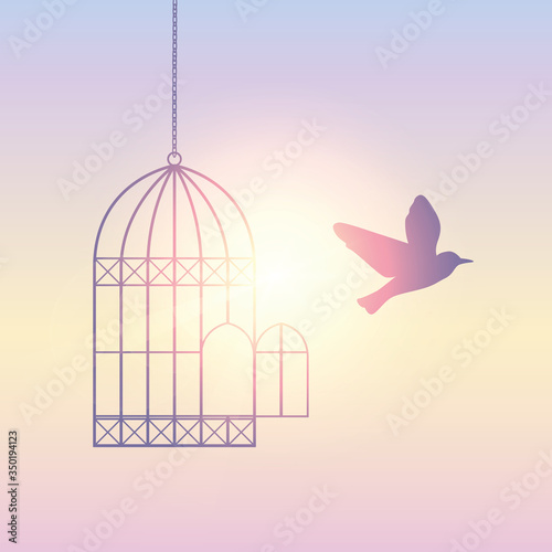bird flies out of the cage into the sunny sky vector illustration EPS10
