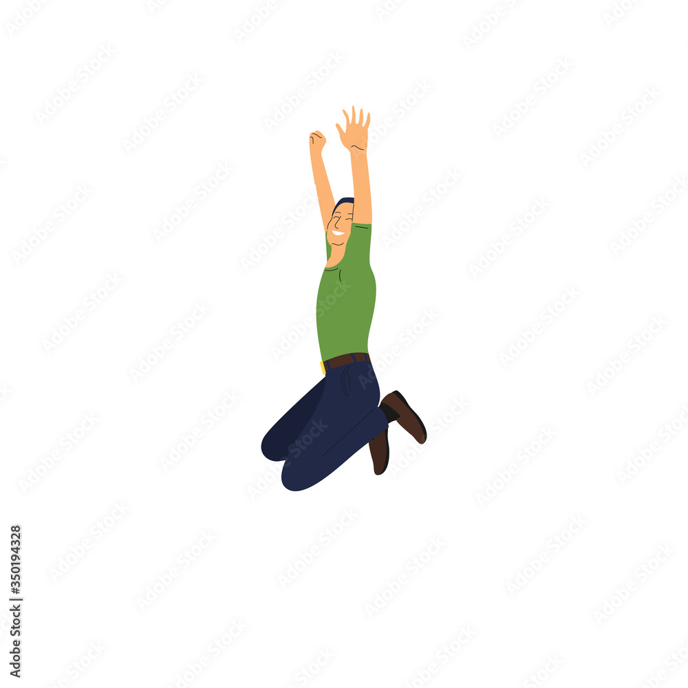 Cheerful asian man jumping in joy. Isolated on white background. Flat style vector illustration.