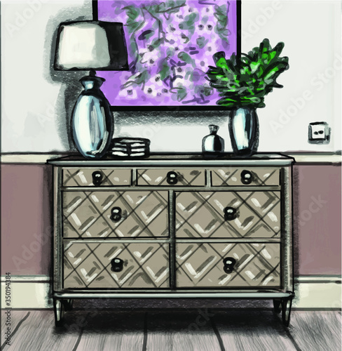 Chest of drawers in the interior, shelving in the interior, design