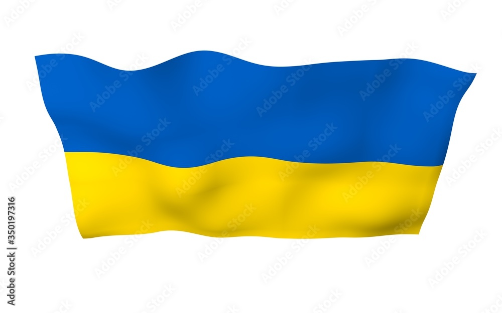 Obraz premium The flag of Ukraine on a white background. National flag and state ensign. Blue and yellow bicolour. 3D illustration waving flag