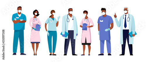 Set of male and female characters of doctors. Surgeons, doctors, nurses. Conceptual illustration, hospital medical team, poster. Vector template for design © Tanya