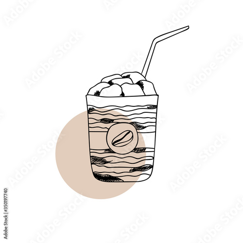 Hand drawn coffee with marshmallow on white isolated background, round beige shape. Doodle beverage breakfast object.